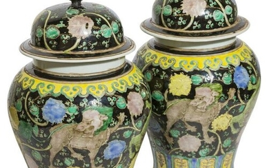 Fine Pair of Chinese Famille Verte Temple Jars