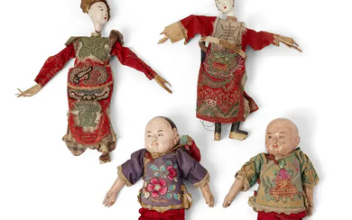 Four Chinese papier mache dolls, Late Qing dynasty, comprising: a pair of...