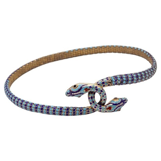 French 1880 Egyptian Revival Snakes Necklace in Silver with Champleve Cloisonne