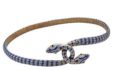 French 1880 Egyptian Revival Snakes Necklace in Silver with Champleve Cloisonne