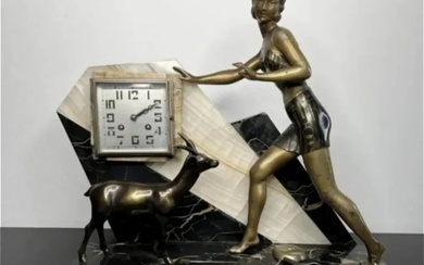 French Art Deco Bronze Clock and Sculpture