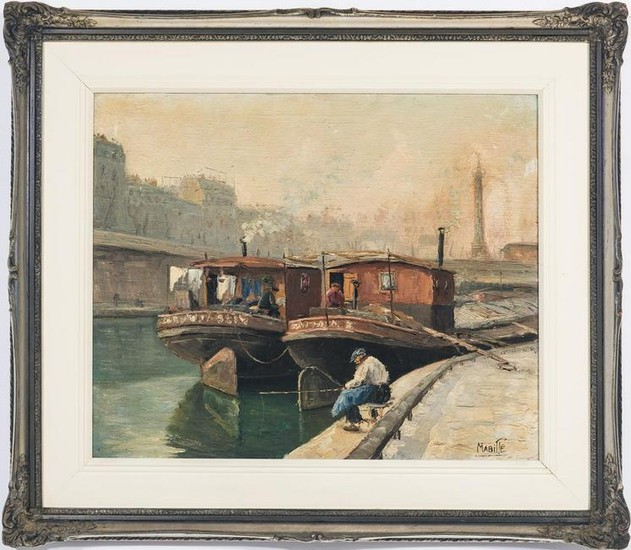 French Canal Landscape signed Mabille