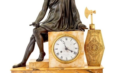 French Gilt, Patinated-Bronze and Sienna Marble Mantel Clock