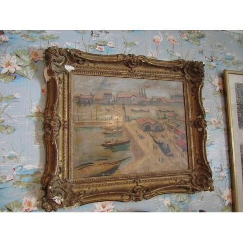 French Impressionist School Harbour Scene with Boats and Fig...