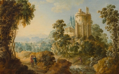 GILLIS NEYTS(Gand 1618-1686 Anvers)Paysage boisé avec château en ruine. Huile sur bois. 29,3 × 44,7...