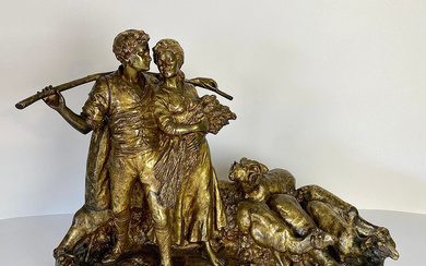 GIUSEPPE D'ASTE. “PASTORAL SCENE”, GILDED BRONZE SCULPTURE, MARBLE BASE, ITALY, EARLY 20TH CENTURY.