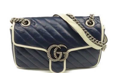 GUCCI GG Marmont Small Shoulder Bag Crossbody Calfskin Leather 443497 Blue White