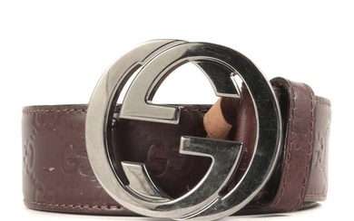 GUCCI Gucci Belt Size:85 GG Buckle Interlocking Striped Leather 114984 Brown Made in Italy High
