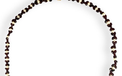 Garnet & Pearl Necklace With 14kt Yellow Gold Box Clasp