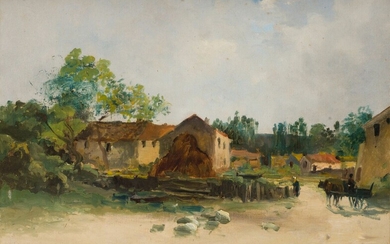 Gaston ANGLADE (1854-1919) Bourg de Lamarque, Médoc, 1889 Huile sur toile signée et datée "1889"...