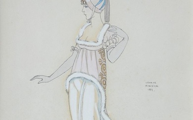Georges BARBIER (1882-1932). "Portrait d’une élégante en pied". Aquarelle et gouache sur papier, signée et...