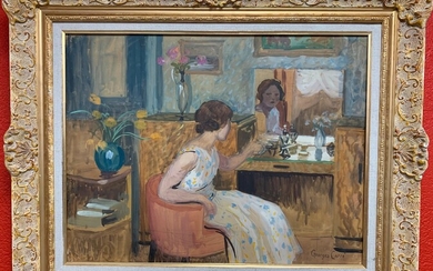 Georges-Henri CARRE (1878-1945) "Femme à sa coiffeuse" Huile sur panneau signée en bas à droite...