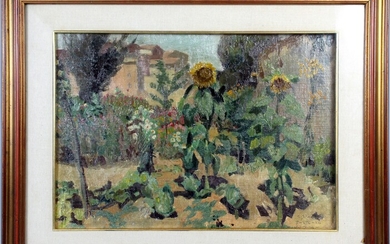 Giardino con girasoli, olio su tela riportata su cartoncino, datato Volterra 7-VII-30, cm. 35,5x49,5, entro cornice., Giulio Boetto ( Torino, 1894)