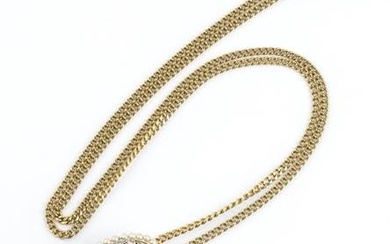 Girocollo e pendente-spilla in oro con diamanti e perline catena...
