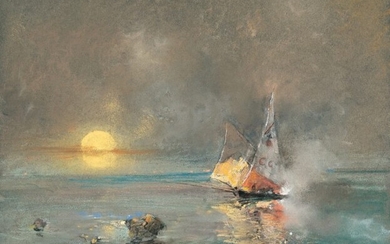 Giuseppe Casciaro 1863 Ortelle – Neapel 1945 Sailing boat in the moonlight off the coast of Naples