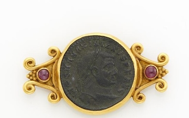 Gold, Ancient Coin and Cabochon Ruby Pin