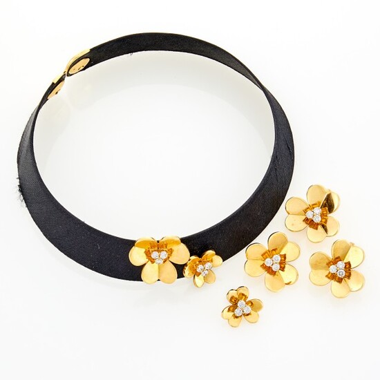 Gold, Diamond and Fabric Flower Necklace and Pair of Earclips