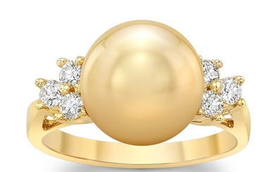 Golden Pearl & Diamond Ring In 18k Yellow Gold