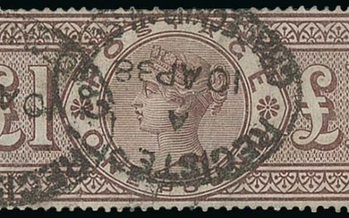 Great Britain 1888 Watermark Orbs £1 brown-lilac, RD, cancelled by oval registered (10.4.88) da...