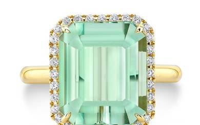 Green Quartz And Diamond Emerald-shape Halo Ring With Plain Shank In 14k Yellow Gold (13x11mm)