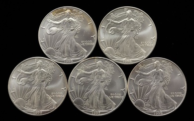 Group Of Five Uncirculated American Eagle Silver Dollars