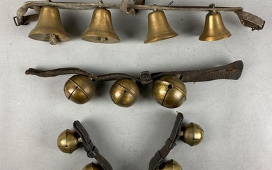 Group of 3 Antique Brass Bells on Original Leather Strap