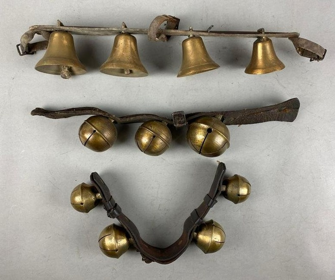 Group of 3 Antique Brass Bells on Original Leather Strap