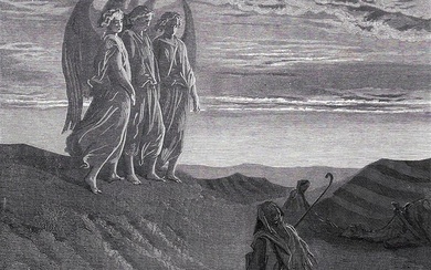 Gustave Dore 1800s Biblical Wood Engraving Abraham's Celestial Visitors FRAMED SIGNED