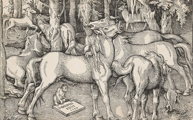 HANS BALDUNG GRIEN Group of Seven Horses. Woodcut, 1534. 227x337 mm; 9x13⅜ inches...