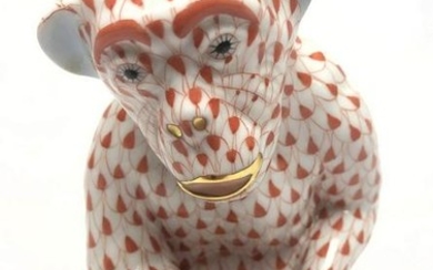 HEREND Porcelain Coral Colored Monkey Figurine. Gilt de