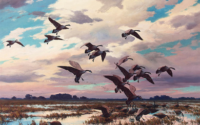 Harry Curieux Adamson (1916-2012) Canada Geese, Marsh Landing 22 x...