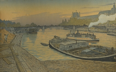 Henri RIVIERE (1864-1951) Péniches sur la Seine Lithographie (tâches et déchirures) 53 x 82 cm...