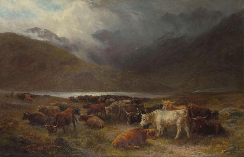 Henry Garland, British fl.1854-1890- Collecting cattle in the Highlands; oil on canvas, signed 'H. GARLAND' (lower left), further signed, titled and dated 'COLLECTING CATTLE / IN THE / HIGHLANDS / BY / HENRY GARLAND / 1876' on the reverse, 66 x...