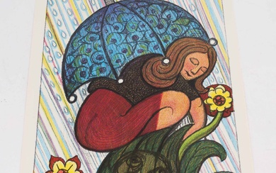 Henry Heerup (b. Copenhagen 1907, d. 1993) : 'The rain girl'. Lithography in colors.