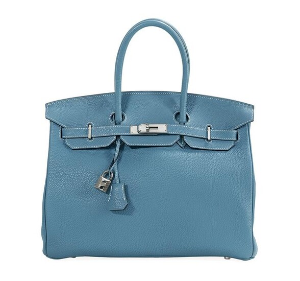 Hermes "Birkin 35" Blue Jean Togo Leather Handbag