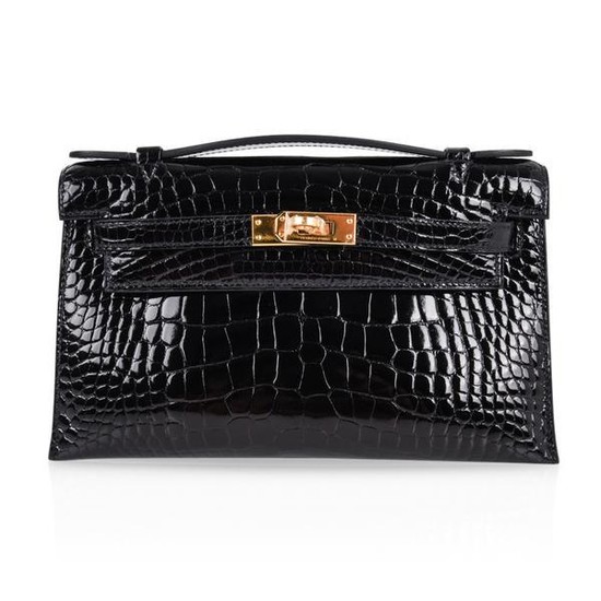 Hermes Kelly Pochette Clutch Bag Shiny Black Alligator
