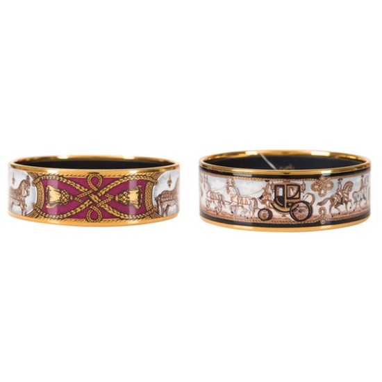 Hermès Set of Two Horse Themed Wide Printed Enamel Bracelets with Gold Plated Hardware: "Horse and Carriage" Size PM (65) and "Grand Apparat" Size GM (70)