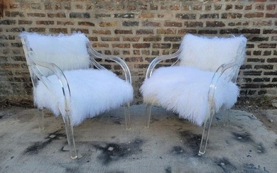 Hollywood Regency Lucite Frame and Curved Arms Chairs Newly Upholstered Mongolian Fur - Pair