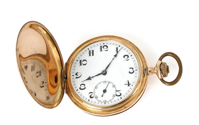 Hunter-case pocket watch of 14k gold. Lever escapement and crown-winding. White enamel...