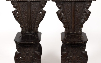 ITALIAN RENAISSANCE-REVIVAL CARVED WALNUT PAIR OF SGABELLO HALL CHAIRS