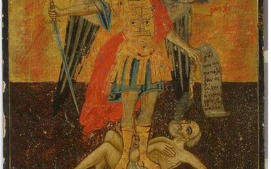Icon painted on wood representing "Saint Michael overcoming heresy". Carrying an inscription on the back. Russian work. Period: late 18th century. (*). Size : 33,5x25,3cm.