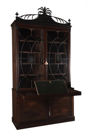 *Important Sheraton carved and inlaid mahogany secretary bookcase
