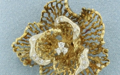 Italian Diamond Natural Freeform Flower Brooch Pin in 18k Yellow Gold