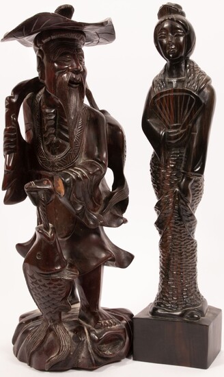 JAPANESE CARVED WOOD SCULPTURES TWO, H 16", GEISHA AND FISHERMAN