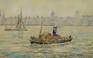 James Jerram, British school, mid-20th century- Off Greenwich; watercolour, signed 'J.H. Jerram', 27.5 x 46.5 cm: together with nine further watercolours by the same artist (ARR) (10)