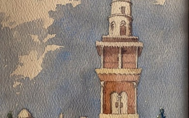 Jean Marchand (XXème) La Tour du Temple de Jérusalem Aquarelle et encre sur papier Signée...
