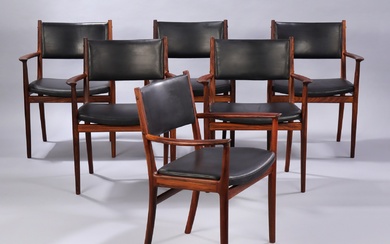 Kai Lyngfeldt Larsen. Six armchairs in rosewood, black leather (6)