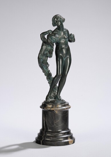 Karl (Carl) Fiala, a bronze group with a female nude and a flying putto with garland of flowers, Vienna, c. 1910