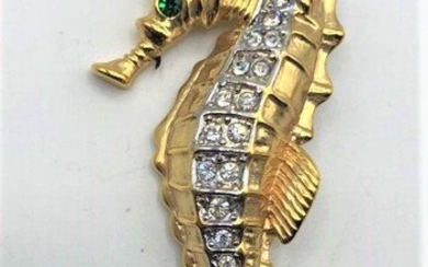 Krementz Sea Horse Brooch Gold Tone with Rhinestones