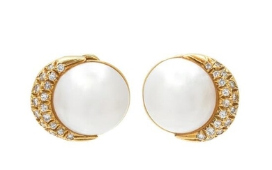 LA TRIOMPHE, CULTURED MABE PEARL AND DIAMOND EARCLIPS